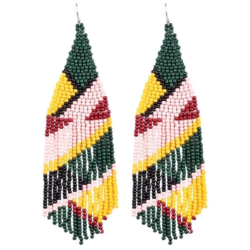 Geometric Boho Seed Bead Tassel Dangling Statement French Wire Hook Earrings